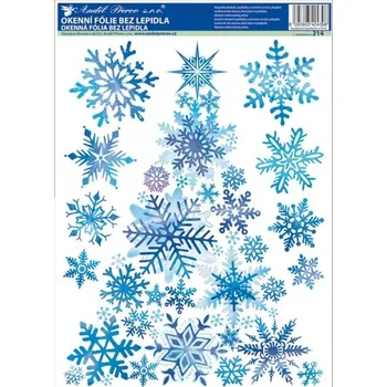 Vánoční dekorace Anděl Okenní fólie modrá s glitry stromek z vloček 37 x 29 cm
