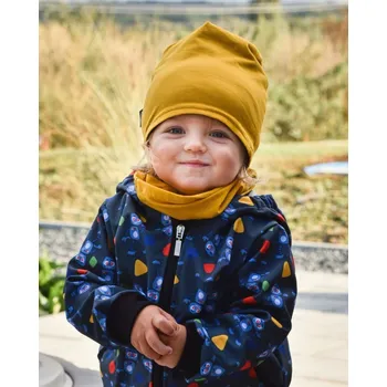 Čepice Dětská čepice bavlněná, oboustranná, černá+hořčicová S (1-3 roky)