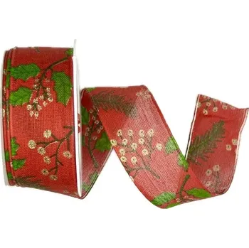 Stuha Stuha vánoční FOREST PARTY červená 25mm x 3m (8,-Kč/m) (Tradiční vánoční, červená stuha, oboustranná, potisk se zlatým glitrem, s drátkem v lemu)