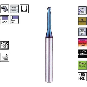 Fréza SK kulová fréza pr. 0,5 x 0,7 mm 2bř. 30° d3=0,48/1,0 , l2=8mm , TiAlN , CERANIT 90.050.8