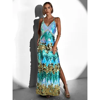 Dámské šaty Modré dlouhé třpytivé šaty ROUTERY s flitry Velikost: L