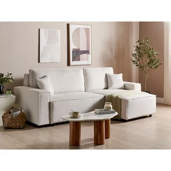 Pohovka Rohová rozkládací pohovka krémově bílá manšestrová levostranná stylový nábytek s polštáři obývací pokoj extra lůžko Beliani