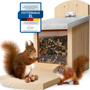 Krmítko pro ptáka REAVET XL Krmítko pro veverky z borovicového dřeva, s kovovou střechou