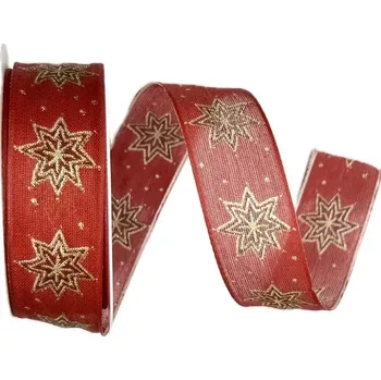 Stuha Stuha vánoční SKYSCRAPER RED červená 25mm x 2m (11,-Kč/m) (Vánoční stuha bavlněná, jednostranný zlatý potisk, s drátkem v lemu)