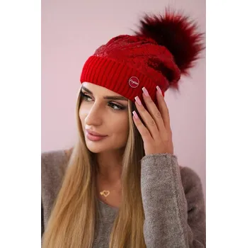 Čepice Dámská čepice s flitry a kožešinkovou bambulí K198 červená