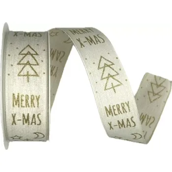 Stuha Vánoční stuha bílá MERRY-XMAS zlatý potisk 25mm x 2m (5,- Kč/m) (Vánoční stuha bílá se zlatým potiskem, bavlněná, s drátkem v lemu)