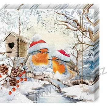 Papírový ubrousek Ambiente ROBINS IN WINTERLAND papírové dezertní ubrousky červenky v čepici v zasněženém lese 20 ks