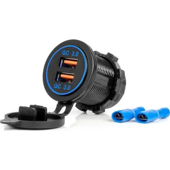 Vodotěsná nabíječka telefonu s MODRÁ LED podsvícením 2xUSB QC3.0 12/24V AMIO-04218