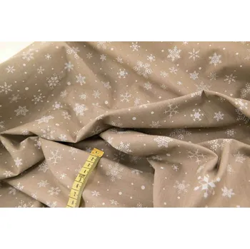 Dekorační látka - bílé vločky na režném podkladu - šířka 150 cm