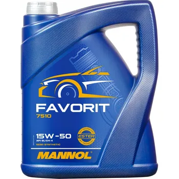 Motorový olej Mannol Favorit 15W-50 7510 - 5l (Motorový olej na hydrosyntetické bázi pro benzínové a naftové motory s vysokým kilometrovým proběhem)