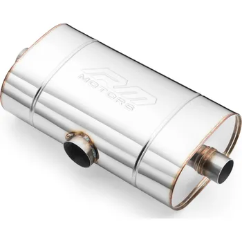 Zadní díl výfuku RM Motors Sportovní výfuk E502, příčný přímý tlumič univerzální Vstupní průměr: 63,5 mm, Délka: 400 mm, Průměr výstupu: 2x50 mm