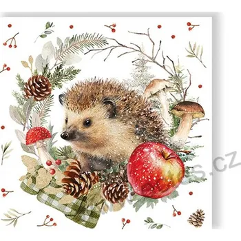 Papírový ubrousek Ambiente SPIKEY papírové dezertní ubrousky roztomilý ježek s červeným jablíčkem a houbami 20 ks