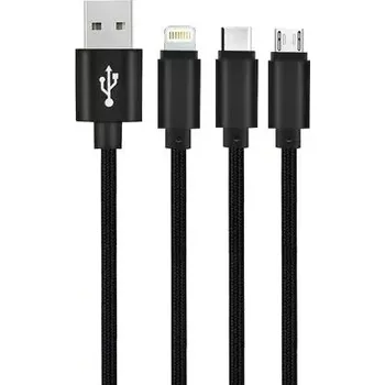Datový kabel QiiM DK-3v1, Univerzální USB Kabel - Lightning, Micro USB, Type-C, 1,2m (Univerzální USB nabíjecí kabel 3v1 - Oplétaný, odolný, rychlé nabíjení. Iphone, Android, gadgety)
