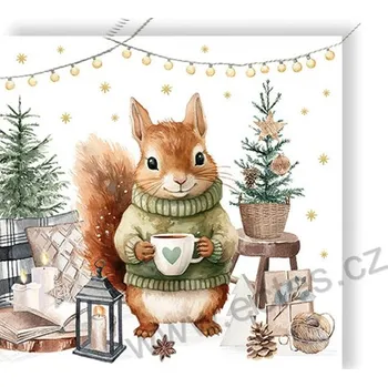 Papírový ubrousek Ambiente WOOLY papírové dezertní ubrousky usměvavá veverka ve svetru s hrnkem horké čokolády 20 ks