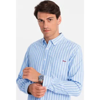 Pánská košile Pánská bílá pruhovaná košile REGULAR FIT s kapsou - modrá V2 OM-SHOS-0171 - M