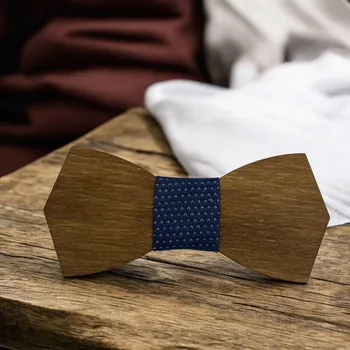 Motýlek Dřevěný motýlek plný Odstín: tmavý, Barva látky: tmavě modrá