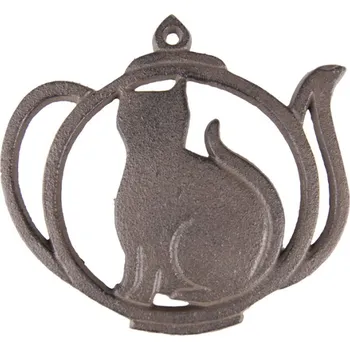 Litinová podložka pod konvici ve tvaru konvice s kočkou – 15x15x1 cm