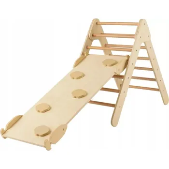 Dětská houpačka Dětská dřevěná sestava - Piklerův trojúhelník s lezeckou stěnou a skluzavkou 3v1 přírodní