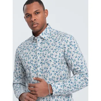 Pánská košile Pánská košile SLIM FIT s potiskem větviček - modrošedá V2 OM-SHPS-0163 - S