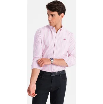 Pánská košile Pánská bavlněná košile REGULAR FIT s jemnými proužky - růžová V2 OM-SHOS-0170 - S