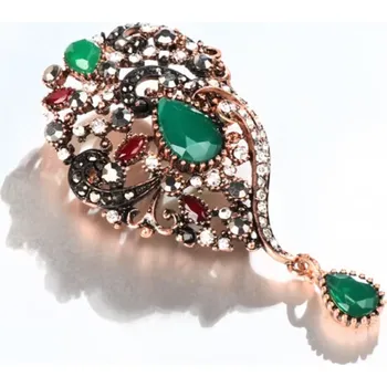 Brož B-TOP Vintage pozlacená brož se zelenými krystaly