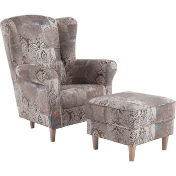 Křeslo Křeslo ušák WANGI s taburetem, látka vzor hnědá vintage + vyzvednutí ZDARMA