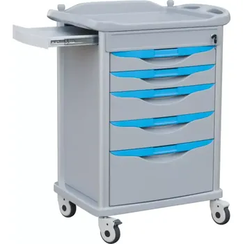 Servírovací stolek OVM - 07, vozík zdravotnický, 5-zásuvkový, šedý, madla tyrkysová