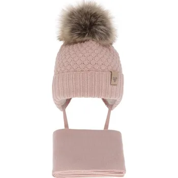 Pokrývka hlavy Zimní komplet čepice a šála růžový s bambulí Bianca Velikost: 44-46