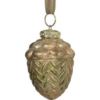 Vánoční ozdoba Zeleno-zlatá antik skleněná dekorace žalud - Ø 6*8 cm