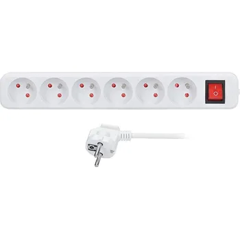Kabel Solight prodlužovací přívod, 6 zásuvek, bílý, vypínač, 1,5m