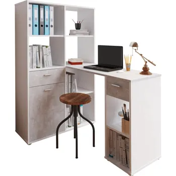 Psací stůl Rohový psací stůl ZONE s regálem, levý, bílá/beton + vyzvednutí ZDARMA