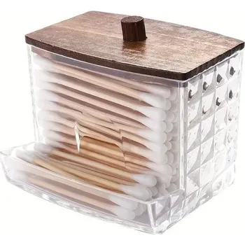 Organizér na kosmetiku Organizér na vatové tampóny do koupelny | koupelnová dóza - Vintage dřevěné víko