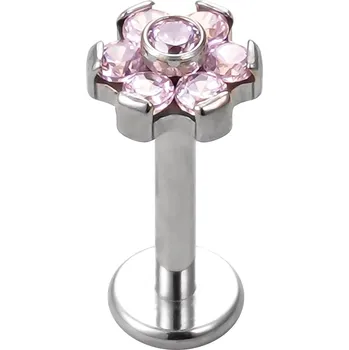 Piercing Atreya Titanová labreta s vnitřním závitem a květinkou se zirkony Erlania Barva: Růžová, Velikost: 1,2 mm, Délka / Průměr: 6 mm