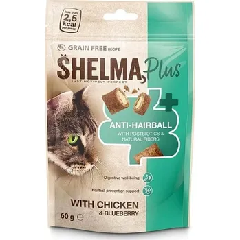 Krmivo pro kočku Shelma Anti hairball bezobilné polštářky kuře borůvky 60 g