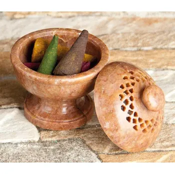 Mani Bhadra Mani Bhadra Stojánek na klasické vonné kužely Miska s víčkem Mastek, Ø 5 cm