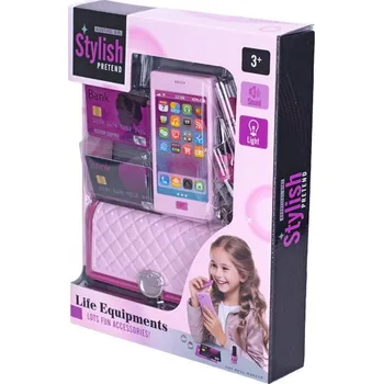 Dětská kuchyňka Kabelka 18,5x8cm s telefonem na baterie se světlem a zvukem a doplňky v krabičce