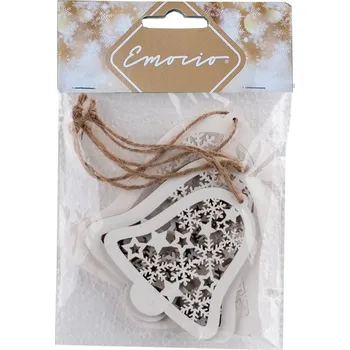 Vánoční dekorace Závěs dřevo 3 ks 110x120/90x100/75x80mm zvoneček uvnitř vločky, hvězdy, bílá 20 gram