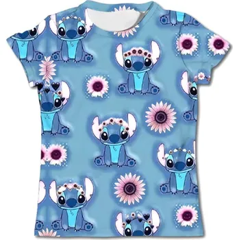 Dívčí tričko Dětské tričko s potiskem Lilo & Stitch (vel. od 1 roku do 14 let) - různé barvy a potisky Barva: TX-PD233 modrá s kytičkami, Velikost: 120 (5-6 let)