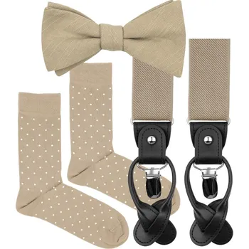 Kravata Bubibubi Béžová sada Almond s motýlkem a kšandami velikost ponožek 39-42