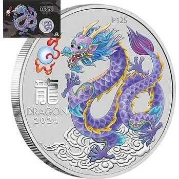 Lunární série III. - stříbrná mince Year of the Dragon - Lilac Dragon (Lila drak) 1 Oz 2024 Color karta (ANDA Sydney Coin Show)