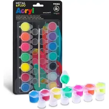 Speciální výtvarná barva Sada akrylových barev Primo fluo metalické 14 x 4,5 ml + štětec