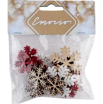 Vánoční dekorace Dekorace dřevo 15 ks 35x40/23x25mm vločky, přírodní, červená, bílá 14 gram