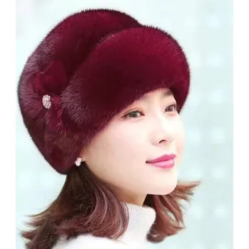 Pokrývka hlavy Elegantní dámská zimní čepice s květinovou dekorací | teplá čepice, zimní klobouk - Červené víno