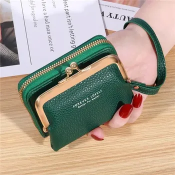 Dámská kožená peněženka na karty | peněženka na zip - tmavozelený