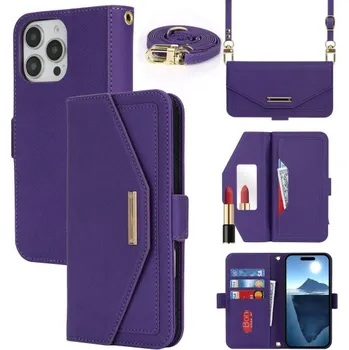 Pouzdro na mobilní telefon Flipové pouzdro s popruhem ve stylu psaníčka pro iPhone 16 Pro Max - fialové