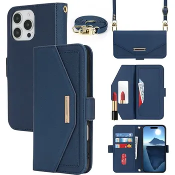 Pouzdro na mobilní telefon Flipové pouzdro s popruhem ve stylu psaníčka pro iPhone 16 Pro - tmavě modré