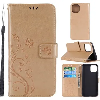 Pouzdro na mobilní telefon Flipové pouzdro s reliéfem motýla a květiny pro iPhone 11 - zlaté