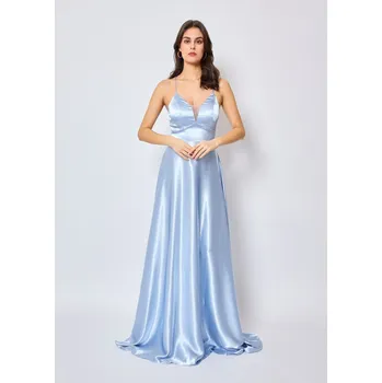 Dámské šaty EVA & LOLA Společenské plesové saténové Šaty DORIANE světle modré Barva: Světle modrá, Velikost: L