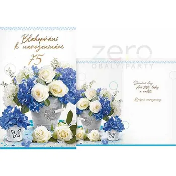 Přání s textem narozeninové 75 + obálka - hortenzie