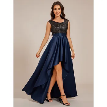 Dámské oblečení Kontrastní saténové šaty s asymetrickým lemem a flitry Barva: Tmavě Modrá, Velikost: 3XL